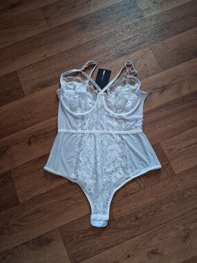 White Lace Trim Sheer Bodysuit